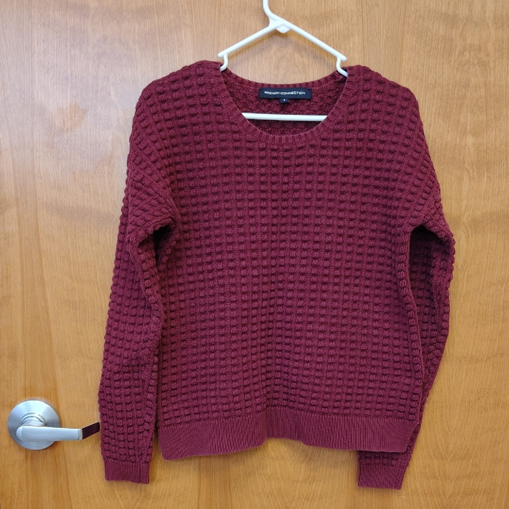 French Connection Textured Knot Popcorn Stitch Burgundy Sweater